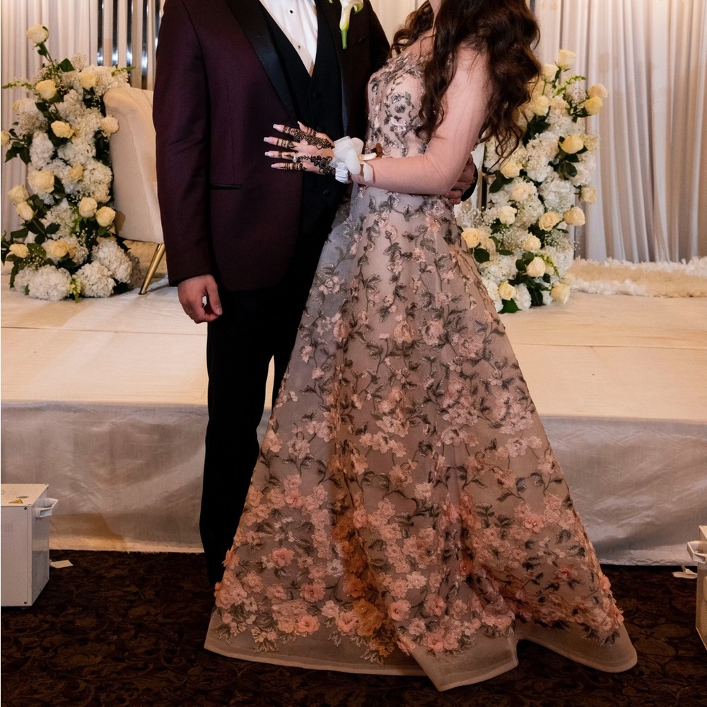 Blossoming illusion evening gown with A-line skirt by Lara w custom made sleeves